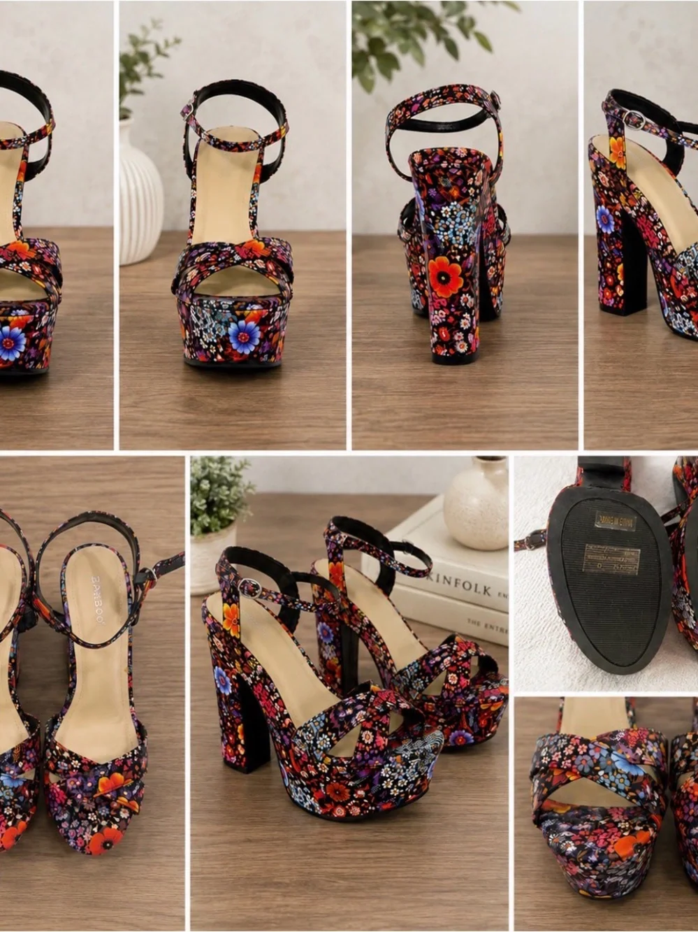 Anne Michelle Black Multicolor Floral Platform Block Heels